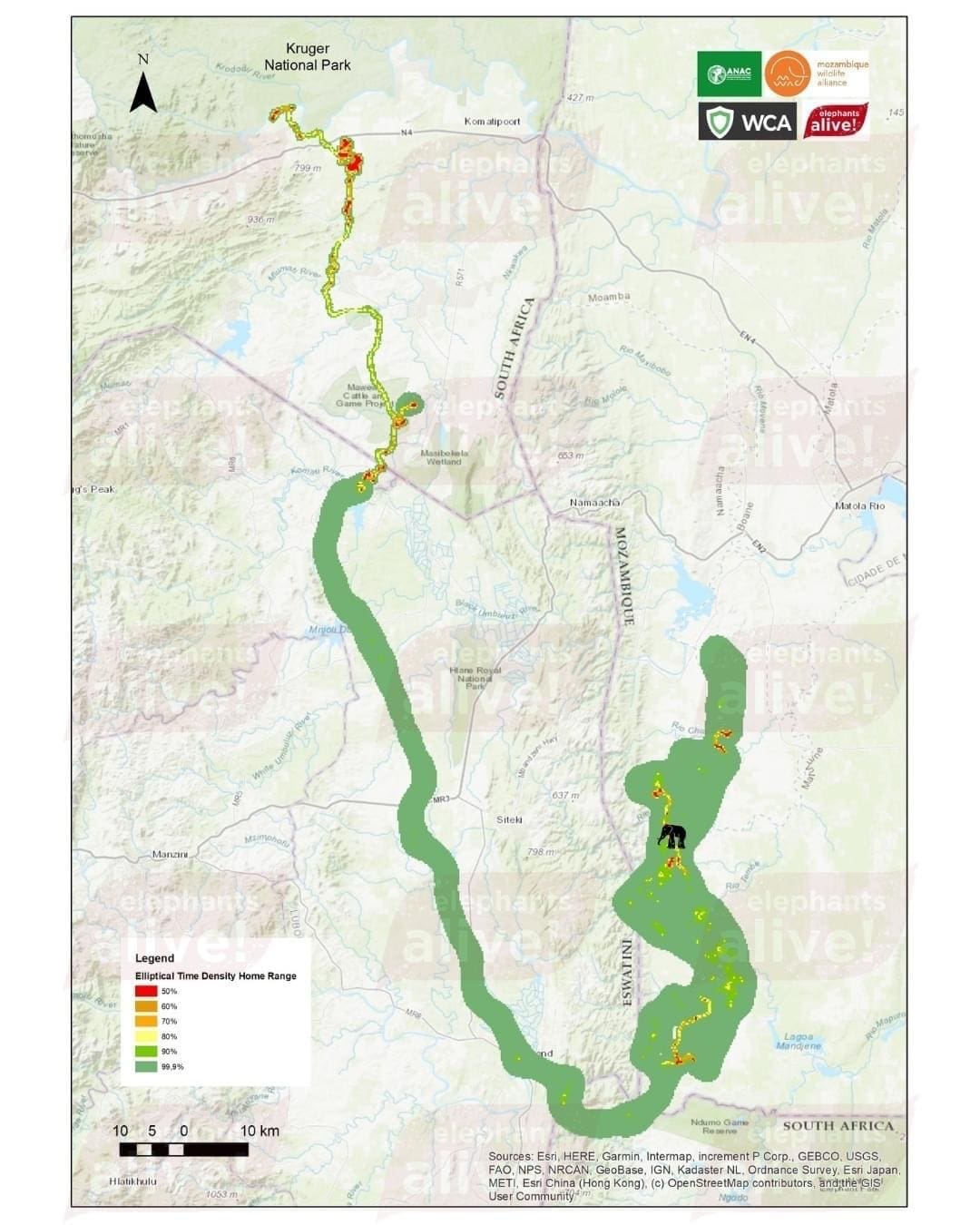 Map showing the route walked by trailblazer into Kruger National Park